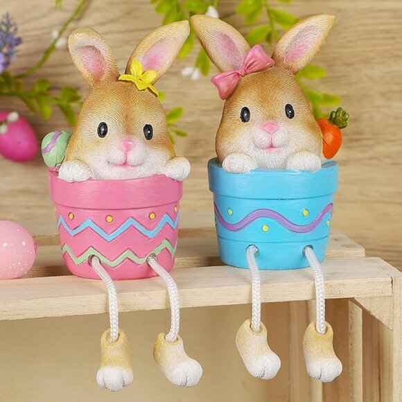 NEW Set of 2 Resin Pot Bunny Shelf Sitters with Dangling Legs - Picture 2 of 8